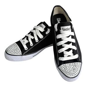 Skechers Cali Low Top Canvas Sneaker Metal Studded Women Lace Up Shoe 7.5 Black